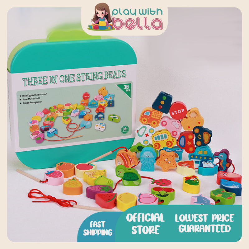 3 in 1 Lacing Beads Shapes, Fruits & Vehicles Wood Lacing free Case Personalized