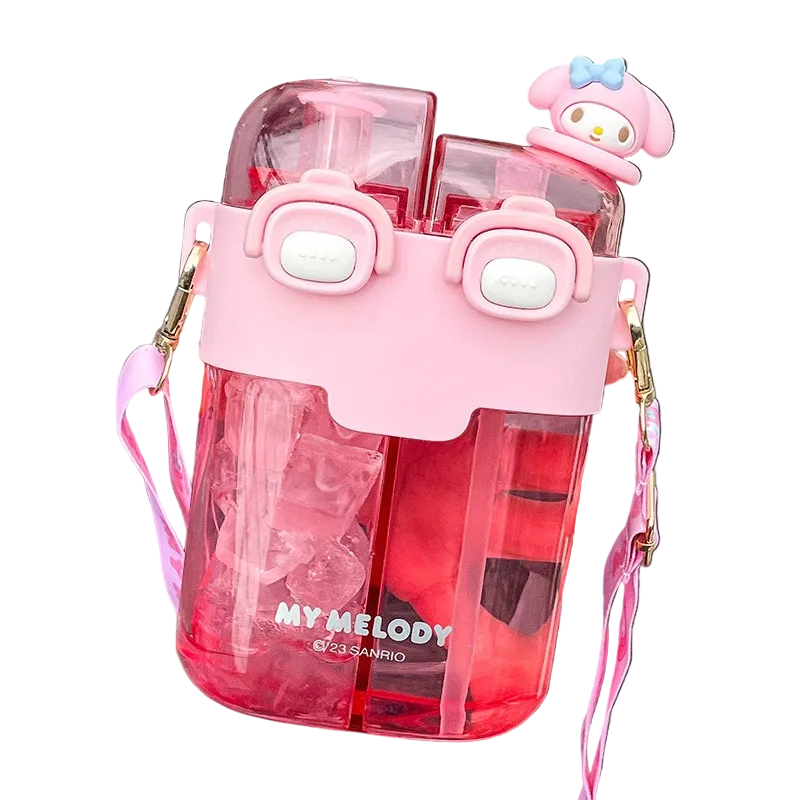 Double Sip Bottle with Straw & Strap Sanrio Kuromi Pochacco My Mleody Cinamoroll Water Bottle Flask