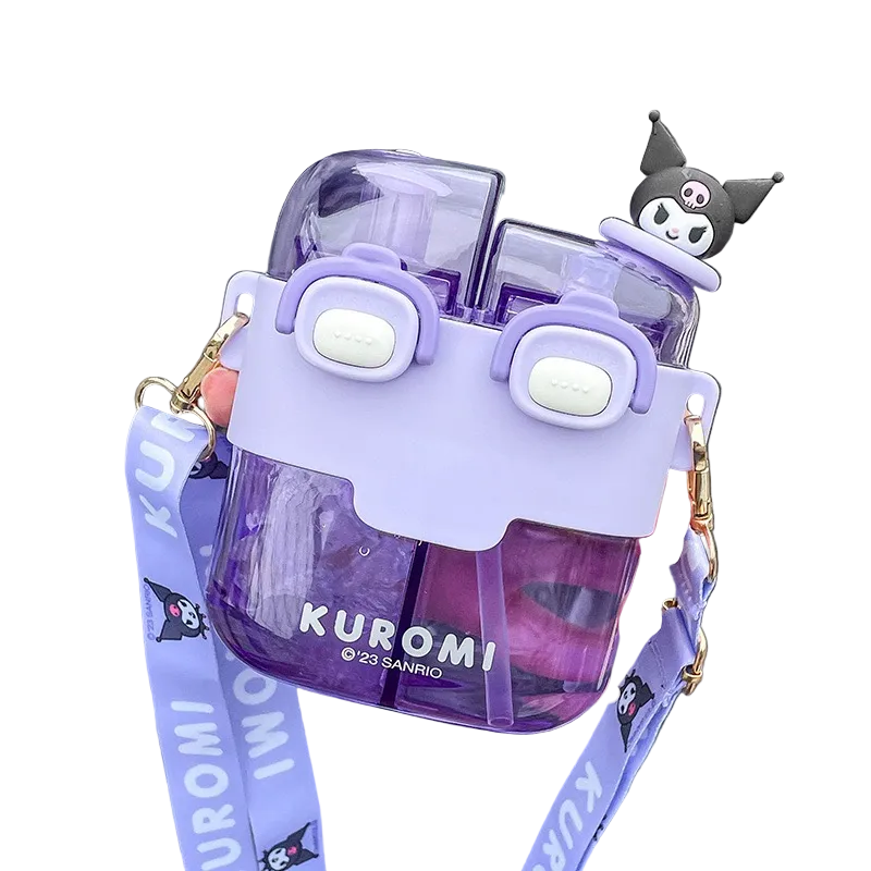 Double Sip Bottle with Straw & Strap Sanrio Kuromi Pochacco My Mleody Cinamoroll Water Bottle Flask