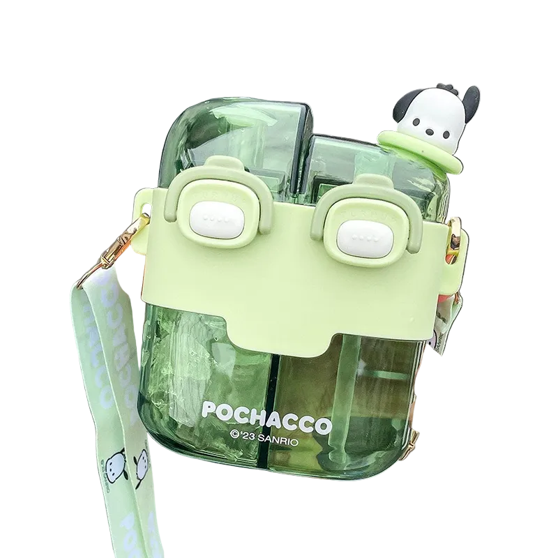 Double Sip Bottle with Straw & Strap Sanrio Kuromi Pochacco My Mleody Cinamoroll Water Bottle Flask