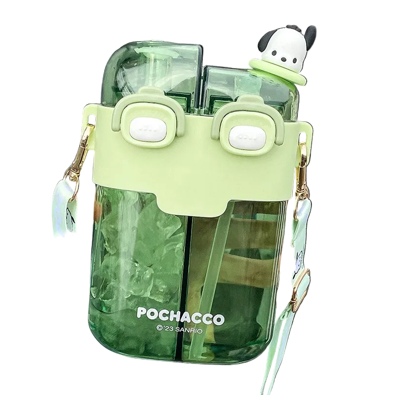 Double Sip Bottle with Straw & Strap Sanrio Kuromi Pochacco My Mleody Cinamoroll Water Bottle Flask
