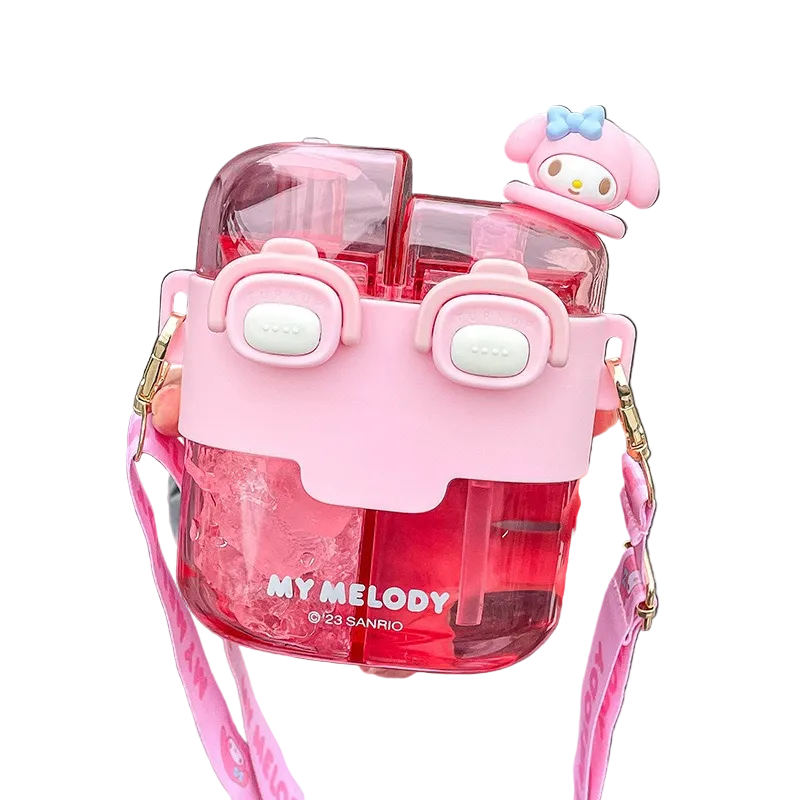 Double Sip Bottle with Straw & Strap Sanrio Kuromi Pochacco My Mleody Cinamoroll Water Bottle Flask
