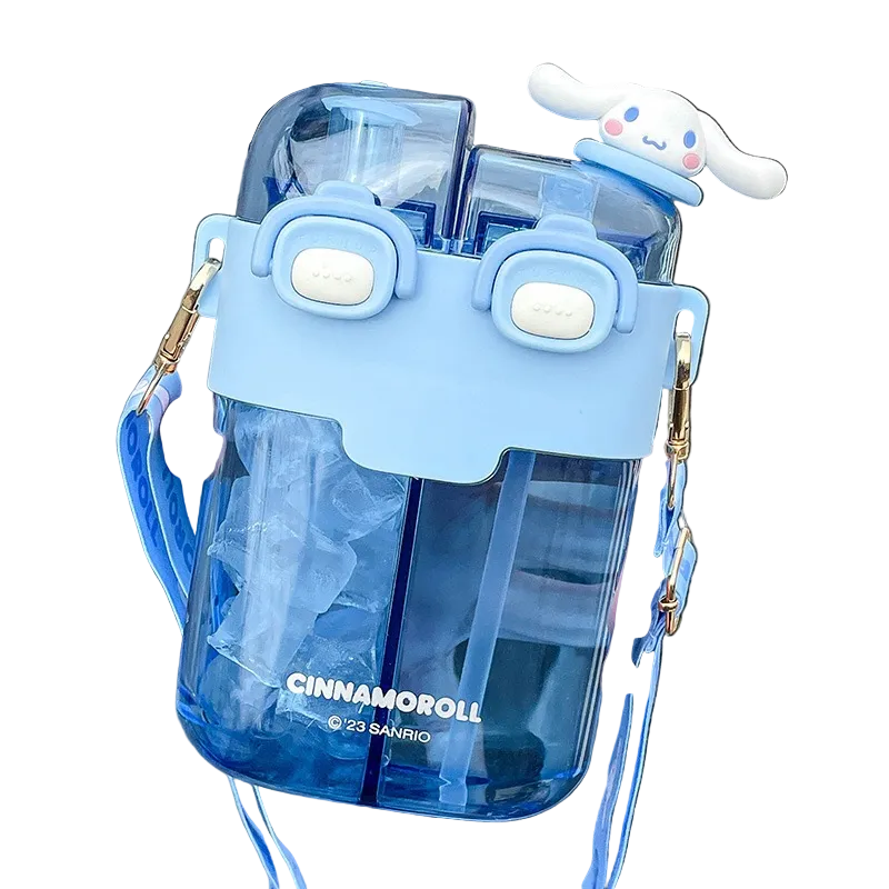 Double Sip Bottle with Straw & Strap Sanrio Kuromi Pochacco My Mleody Cinamoroll Water Bottle Flask