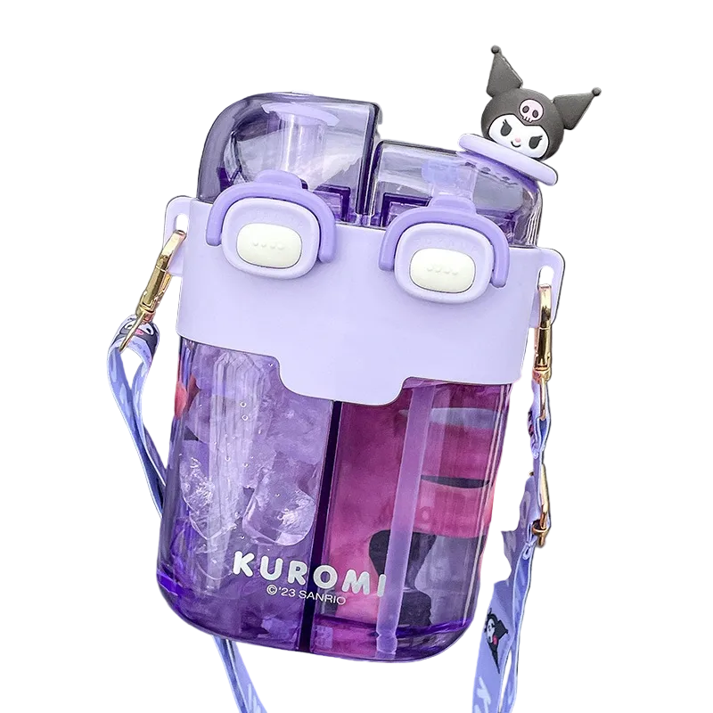 Double Sip Bottle with Straw & Strap Sanrio Kuromi Pochacco My Mleody Cinamoroll Water Bottle Flask