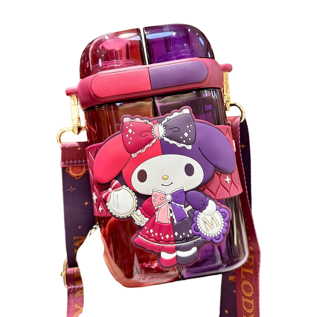 Sanrio Lolita Double Sided Water Bottle with Straw & Adjustable Crossbody Strap