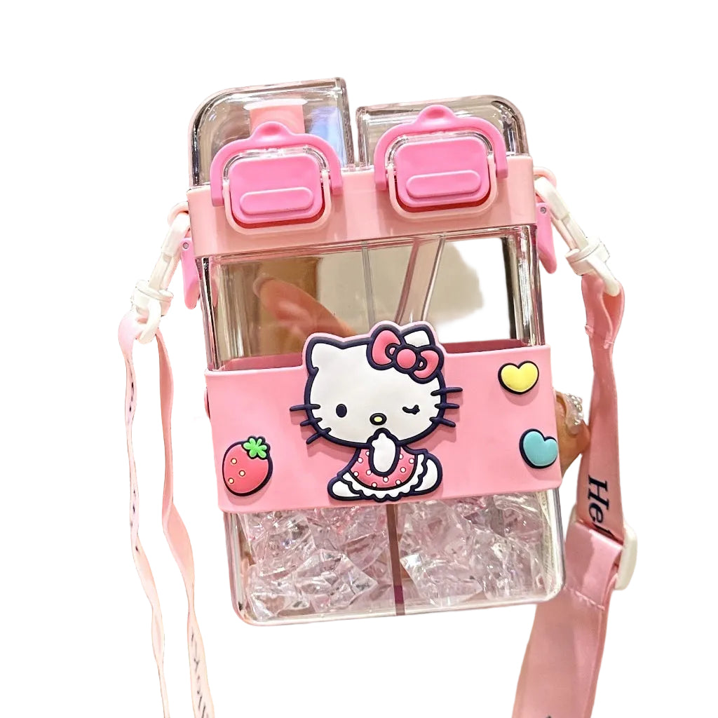 Double Sip Bottle Dual Drinks Juice with Water Sanrio Kuromi Cinamoroll with Straw & Strap 700ml